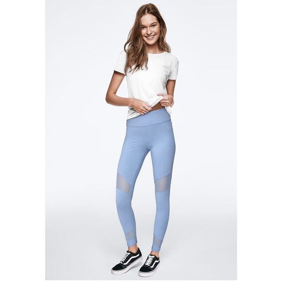 Victoria’s Secret Pink Yoga Ankle Leggings Blue Mesh Size Large Zip Pocket - Picture 1 of 12